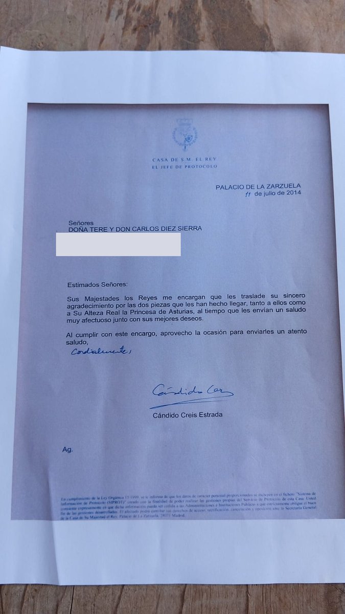 Carta de agradecimiento de la Casa de S. M. el Rey, Palacio de la Zarzuela, julio de 2014